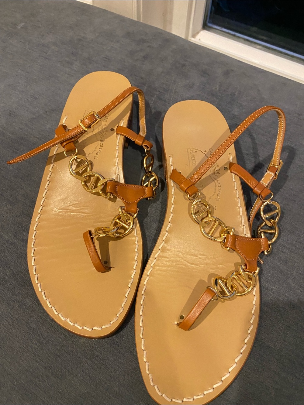 Women's Tan Leather Chain-Detail Slingback Sandals